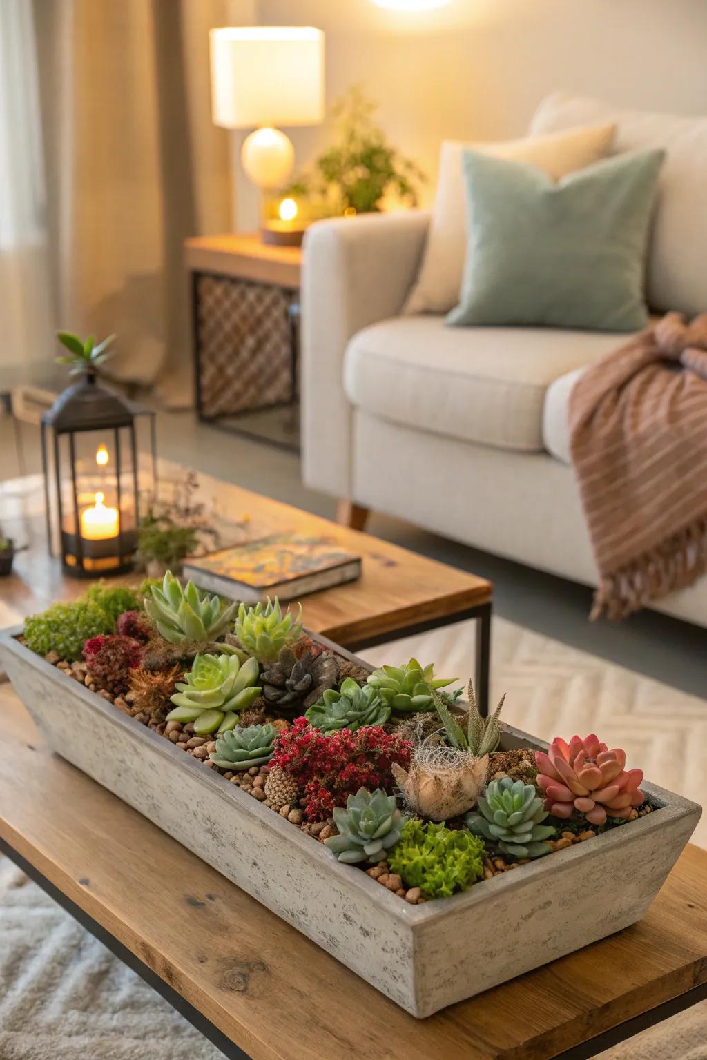 A living room centerpiece featuring a succulent tabletop garden.