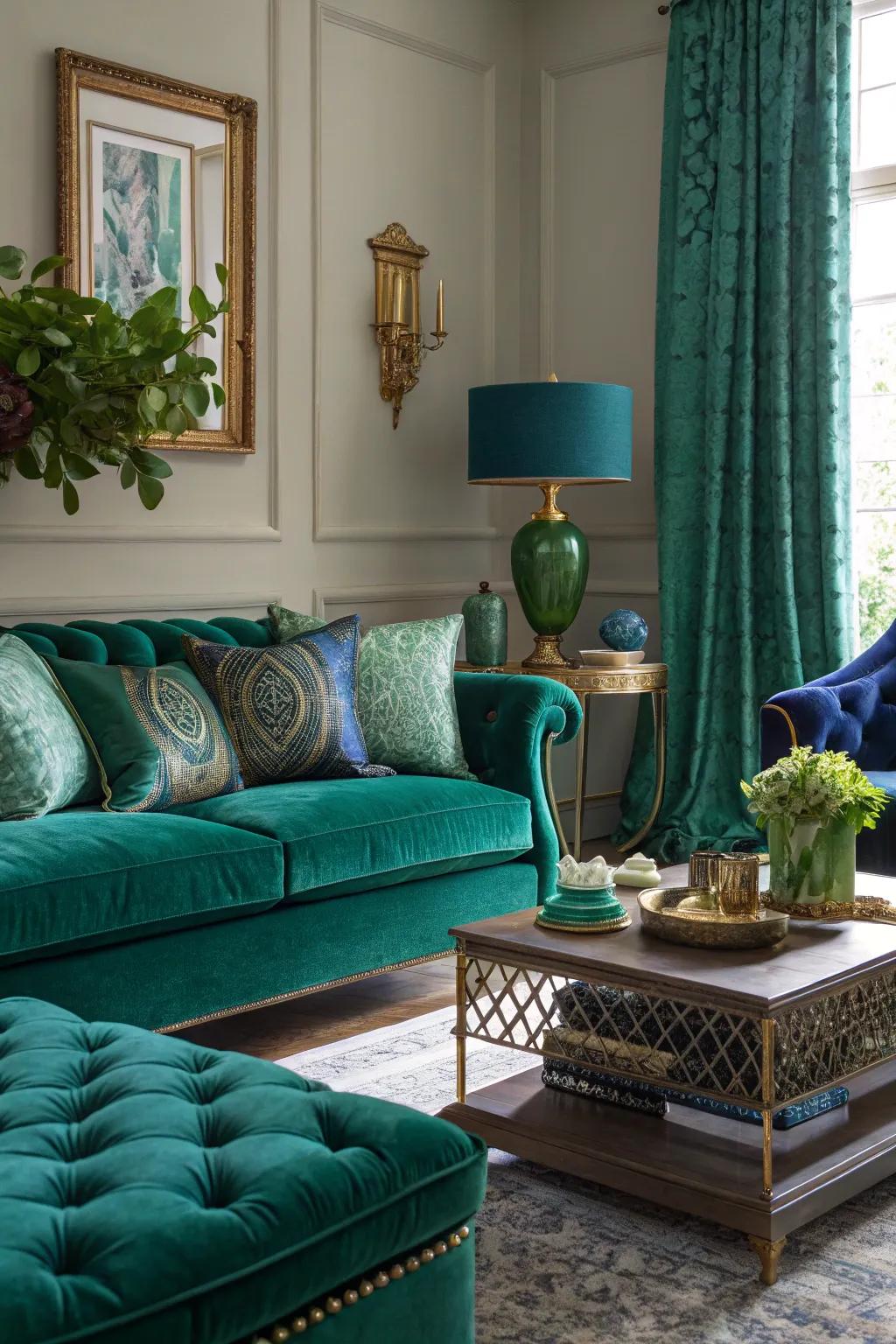 Jewel tones add a luxurious depth to this elegant living room.