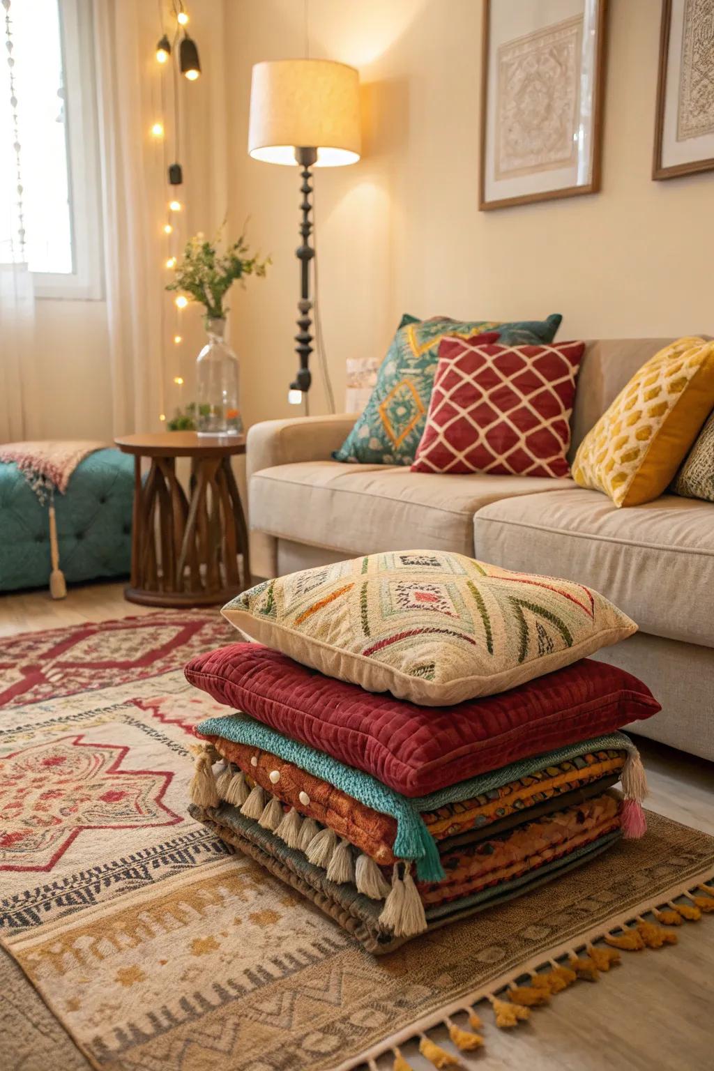 Textiles can add warmth and texture to a living room corner.