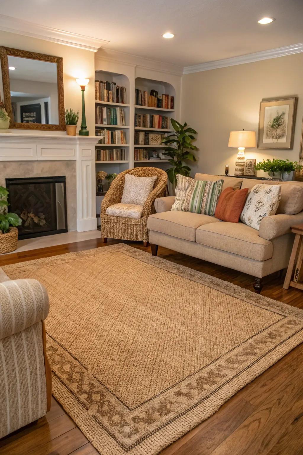 An area rug defining a cozy seating area.