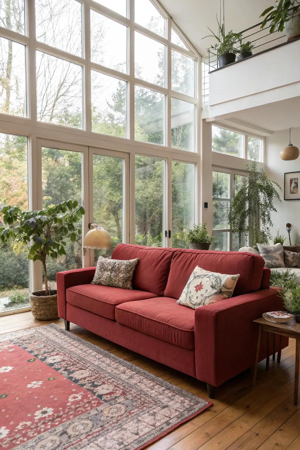 Natural light enhances the vibrant appeal of a red sofa, fostering an open and welcoming space.