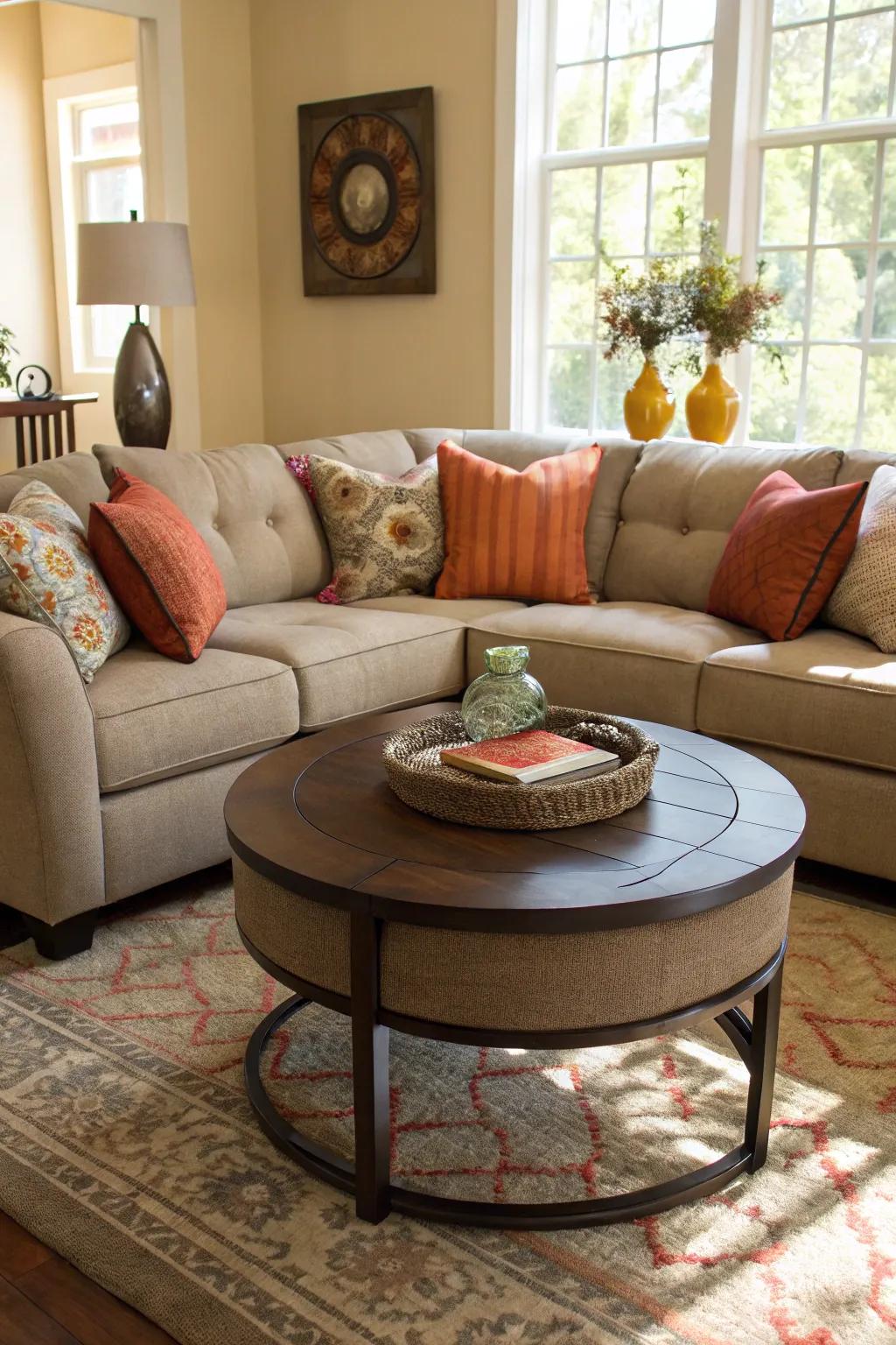 A circular coffee table complements the sectional’s curves.