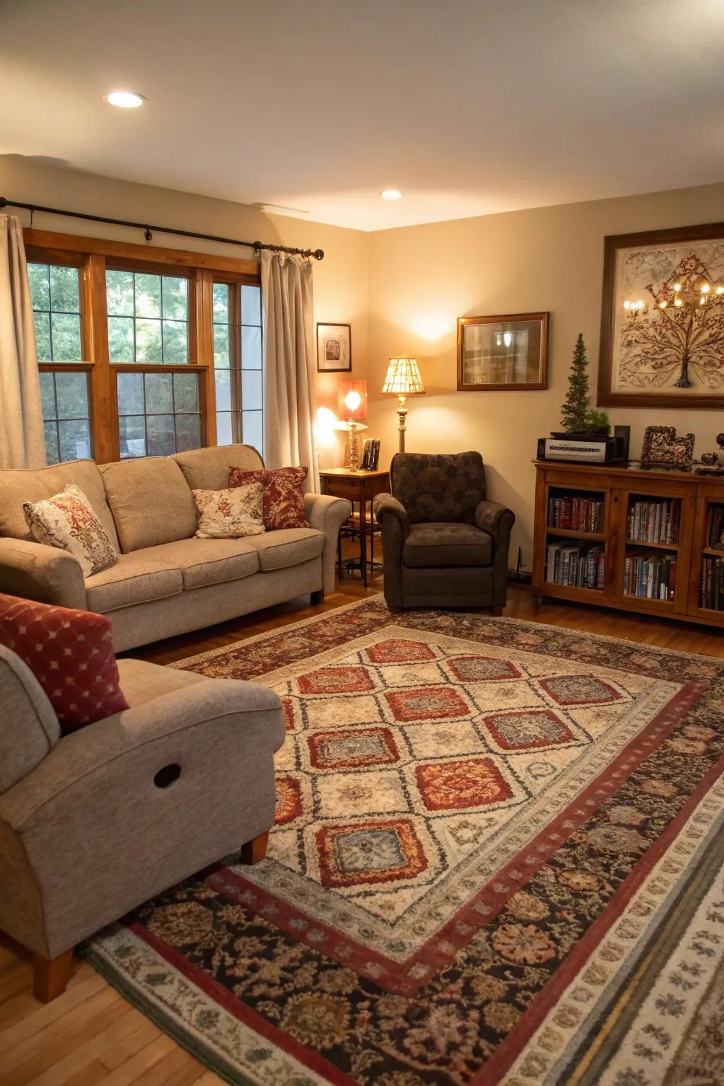 A living area with demarcated zones through the application of chic rugs.
