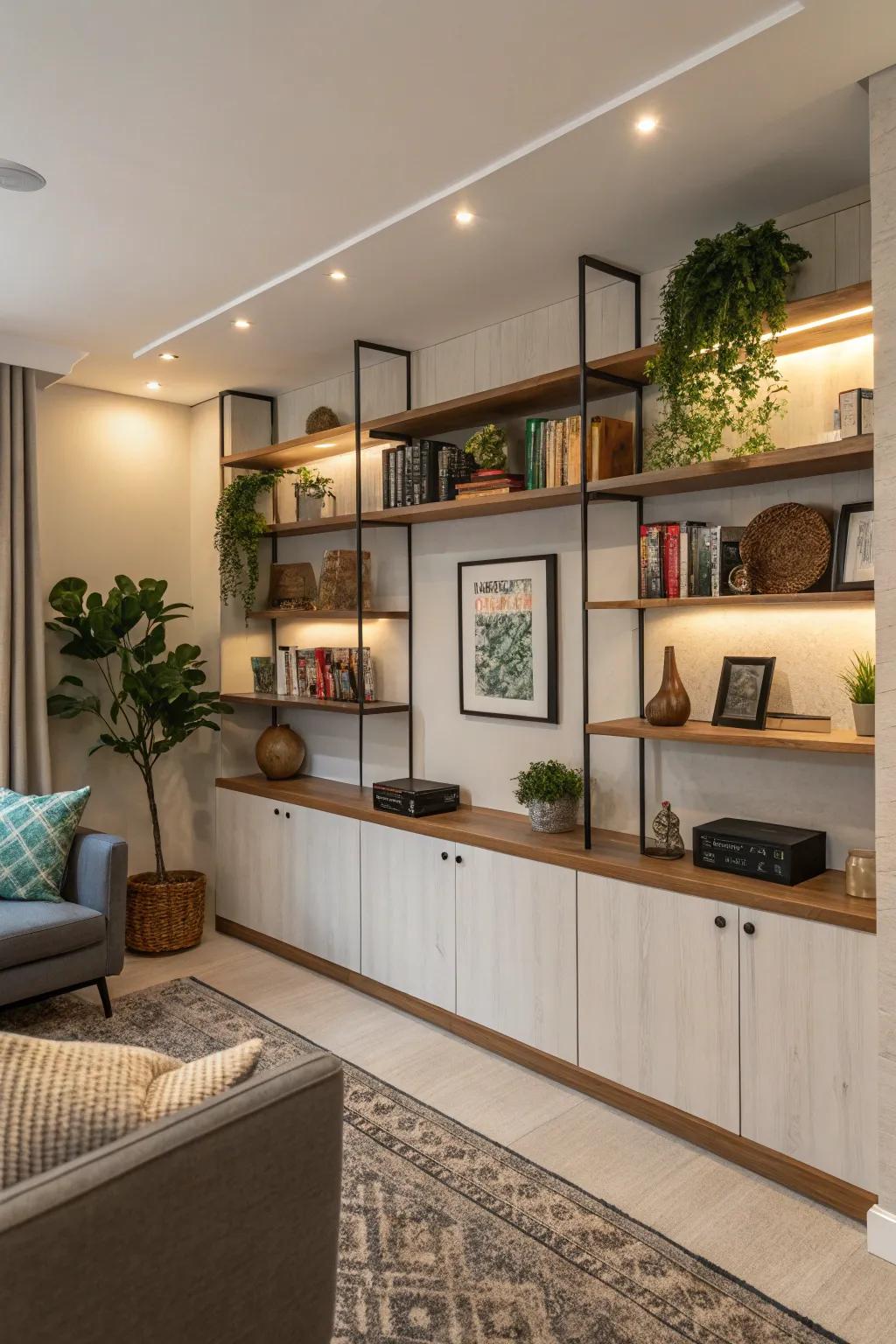 Harmonize aesthetics and functionality with integrated shelving in your wall panels.