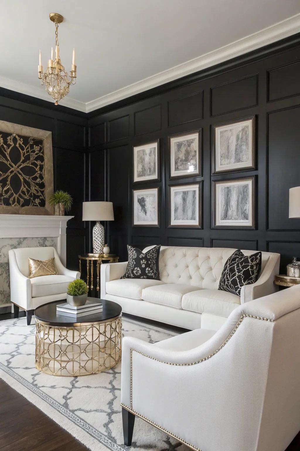 A coal feature wall enriches sophistication and contrast.