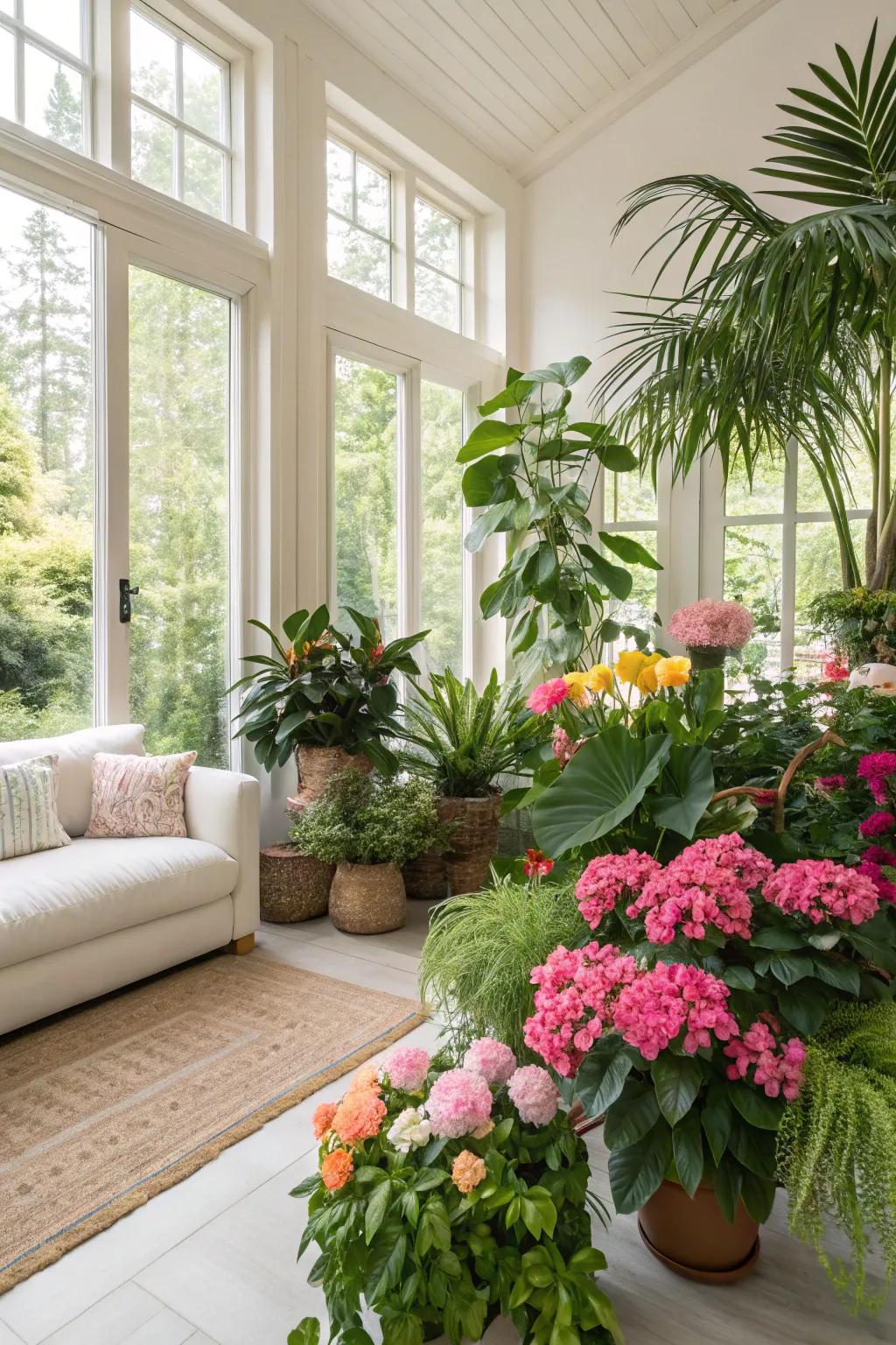 A bright living room filled with lush plants and floral arrangements.