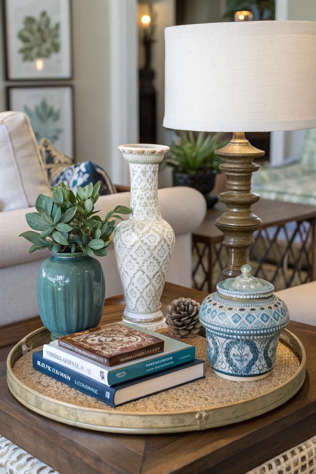 Varying heights on side tables create a captivating visual effect.