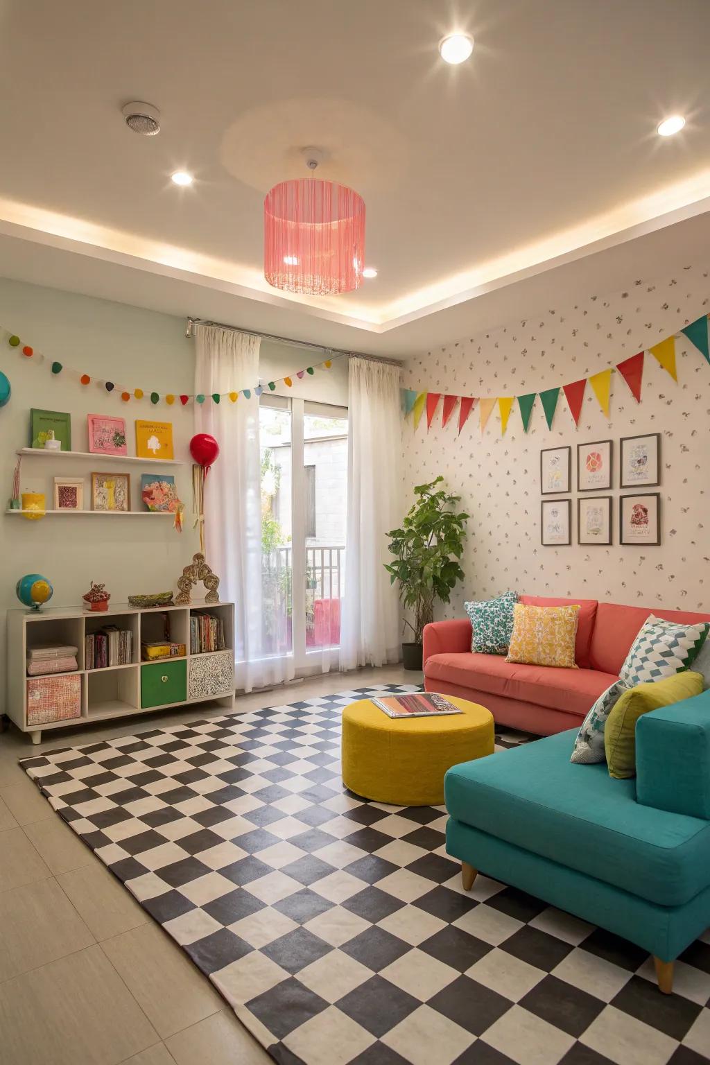 Playful family room featuring checkerboard patterned tiling.