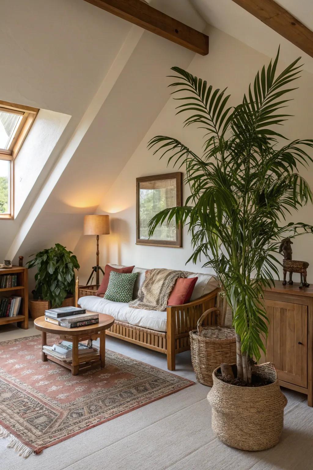 Indoor plants bring life to a vaulted ceiling space.