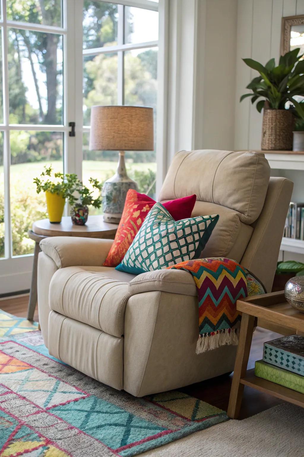 A vibrant recliner setup with decorative throw pillows.