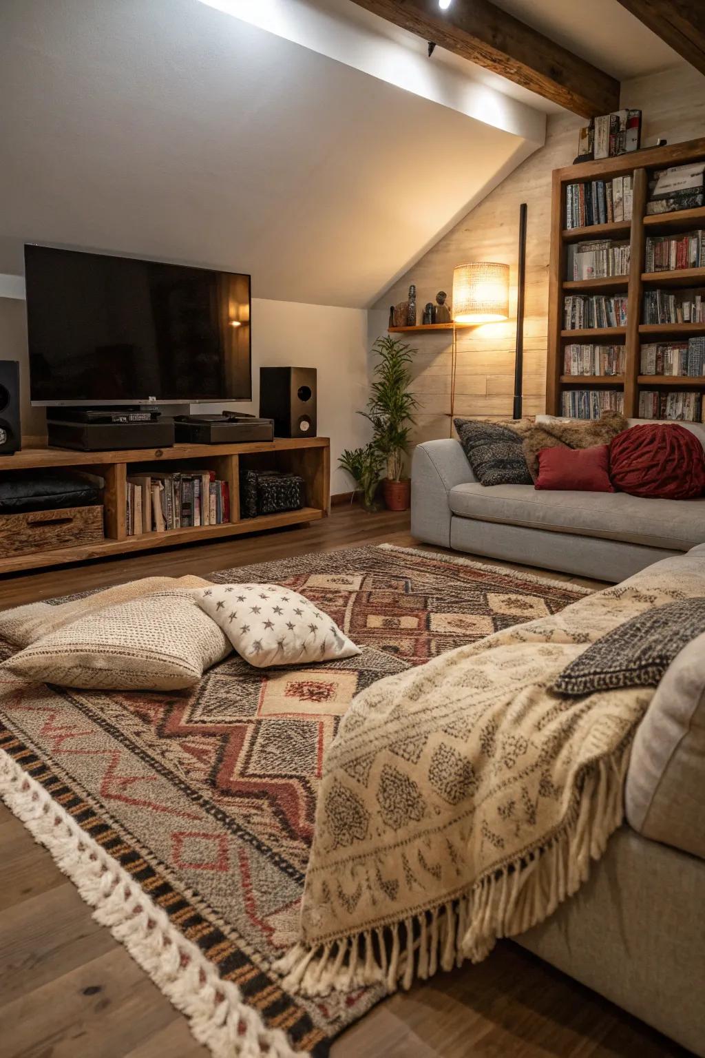 Cozy textiles add warmth and comfort to your media room.