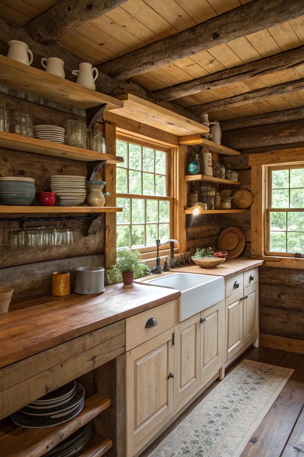 Open shelving displaying countryside-style dishware in a log cabin kitchen.