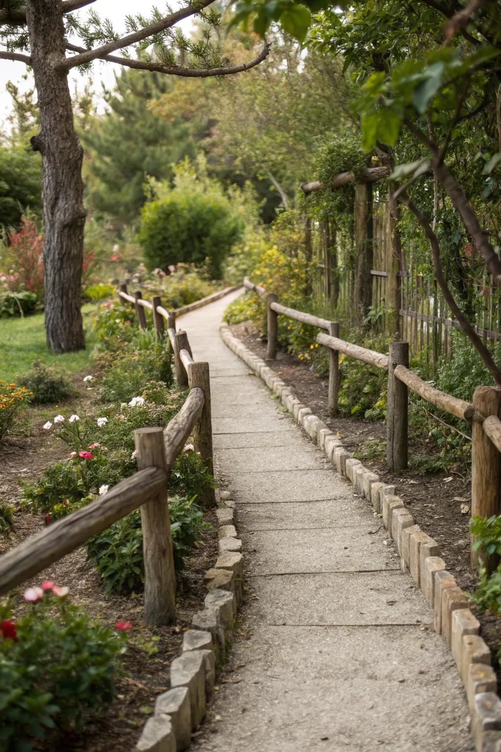 Log pathway borders guide and define garden spaces.