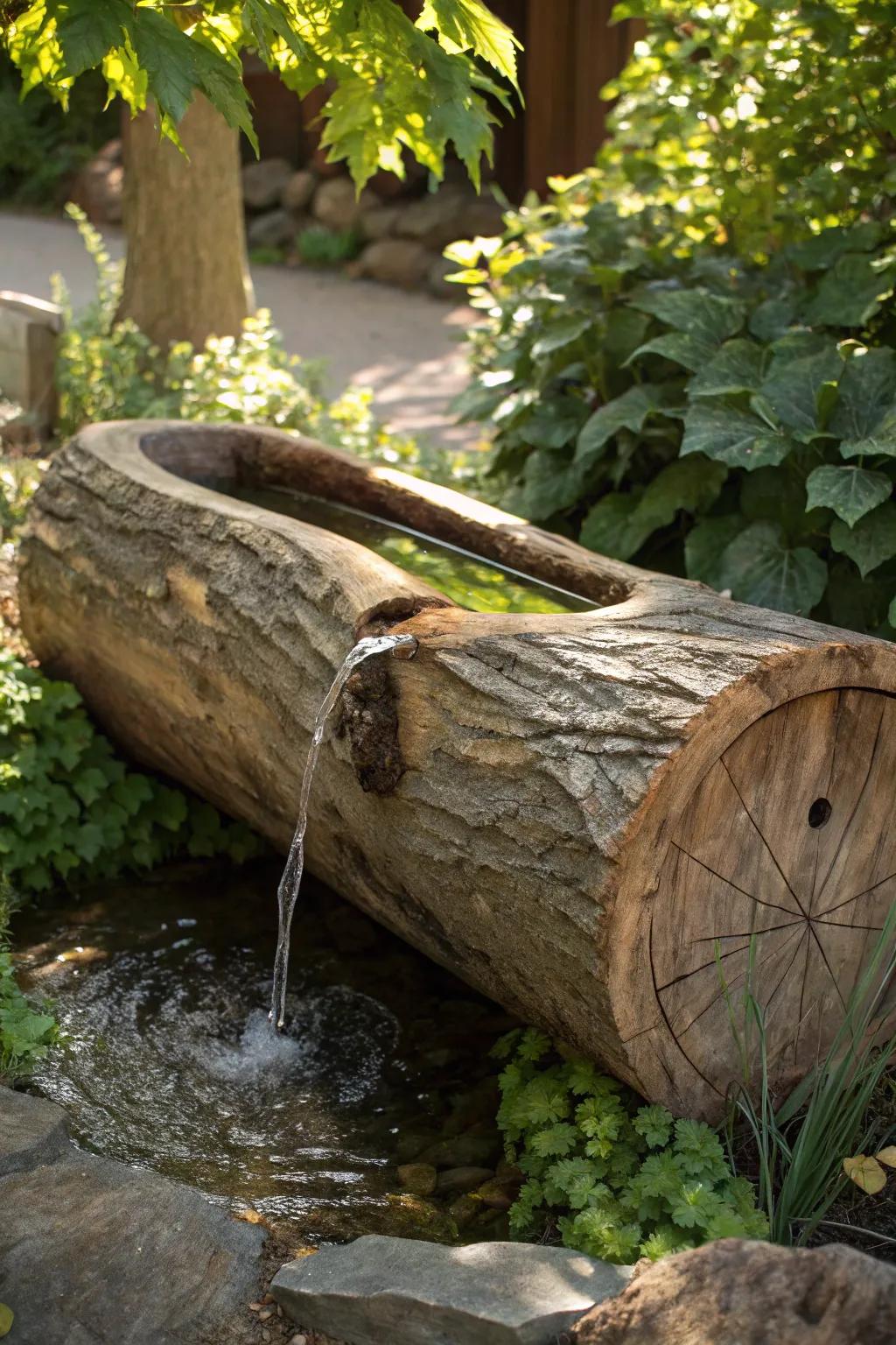 Transform your garden with the soothing elegance of a handcrafted log water fountain.