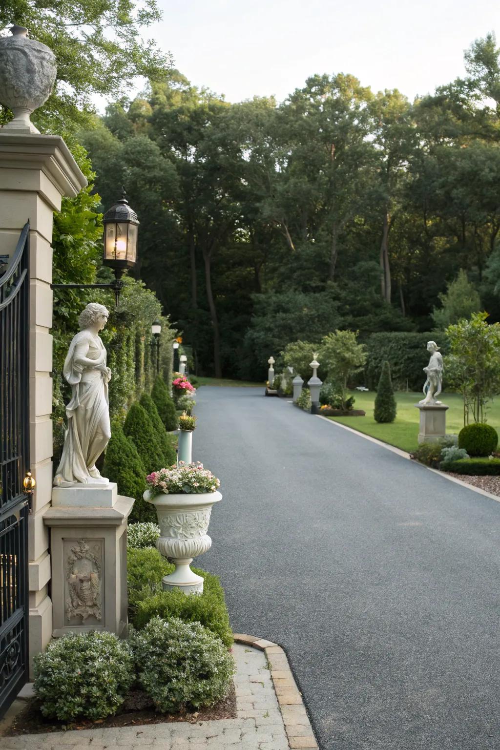 Garden ornaments add a touch of grace and whimsy to the driveway.