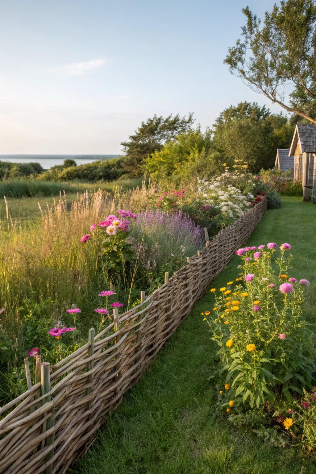 A plaited willow fence brings a crafted touch to this front garden.