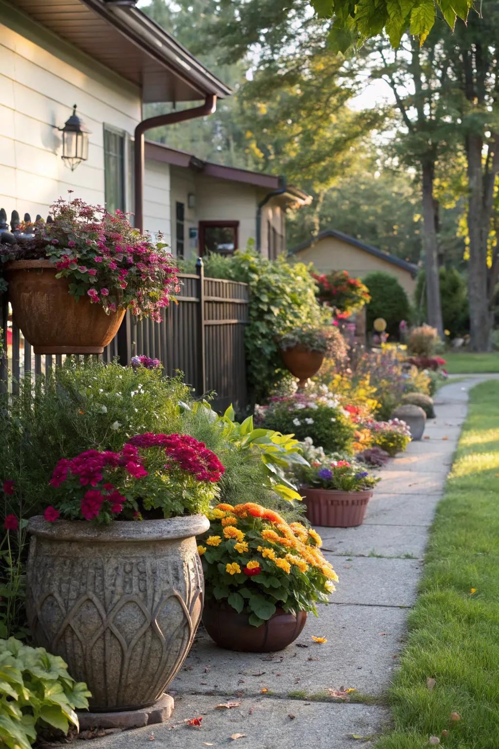 A front yard decorated with decorative pots and vibrant flowers.