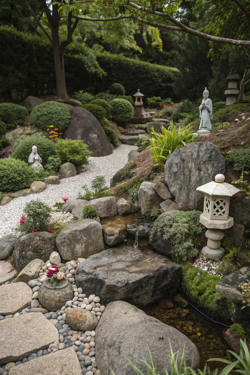 Garden trinkets inject individuality into a rock garden.