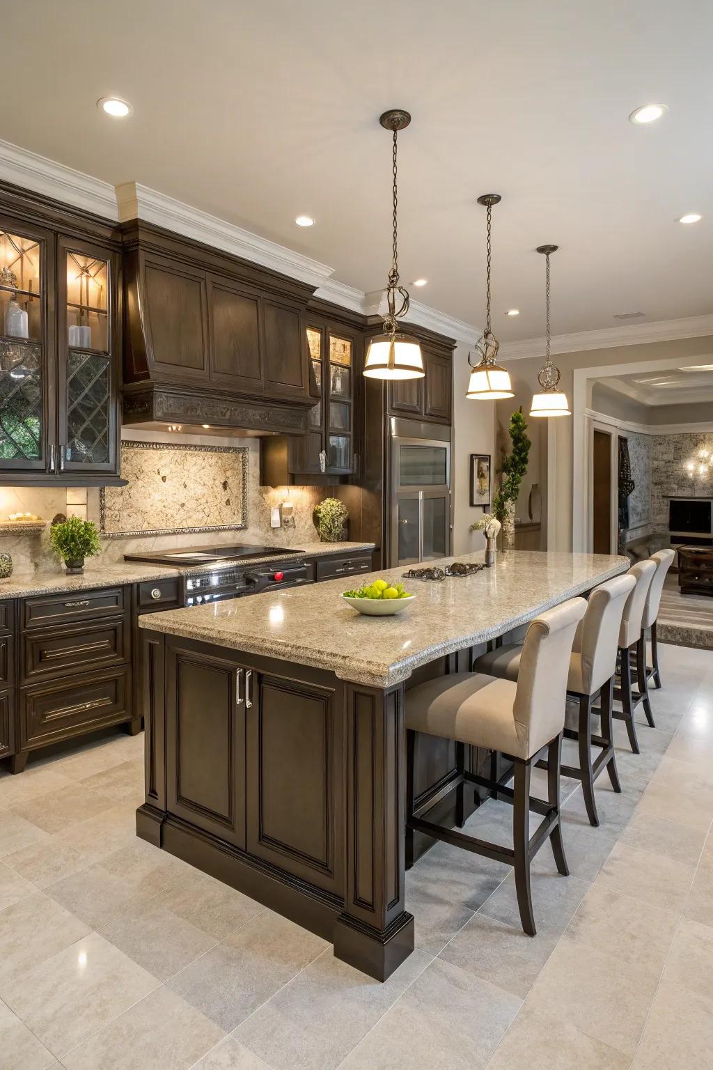 Functional islands enhance versatility, providing space for cooking, dining, and socializing.