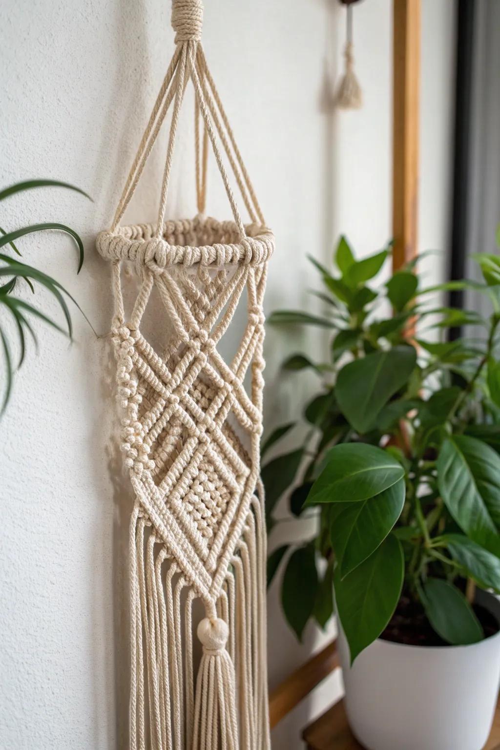 Elevate your greenery with a geometric twist—embrace the art of macrame.