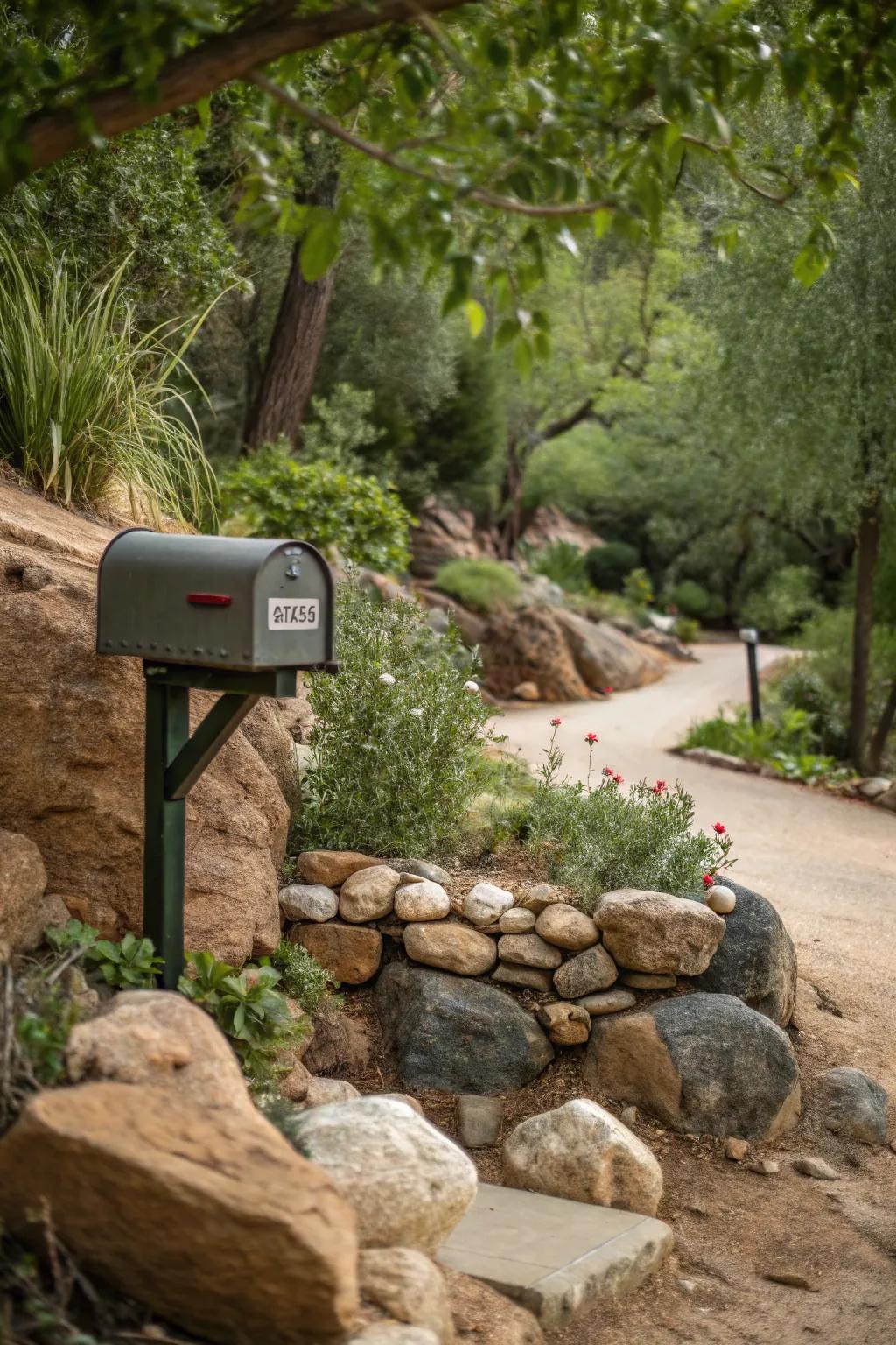 Earthy sensibilities through earthy-toned boulders forge a harmonious mailbox vista.