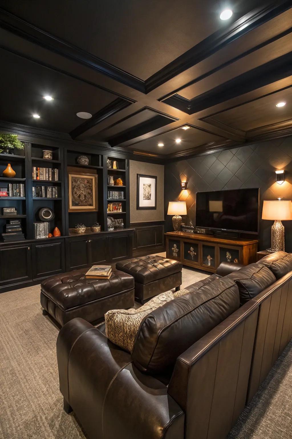 Dark color schemes establish a cozy atmosphere in this man cave.