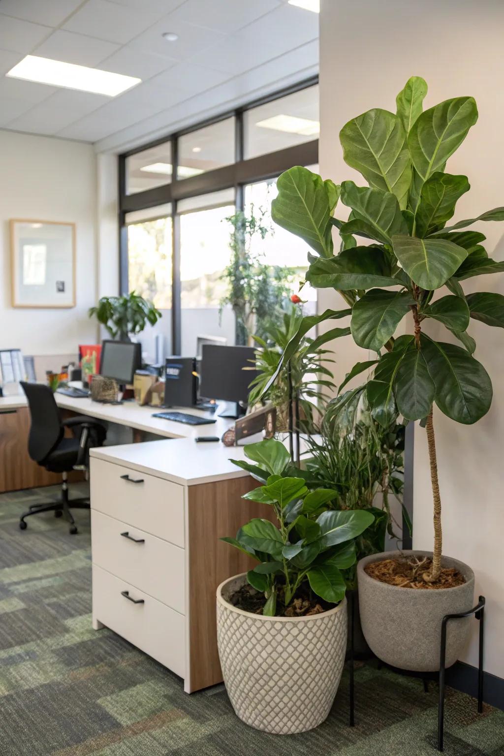 A leafy plant and desk plants bring life and freshness into the office.
