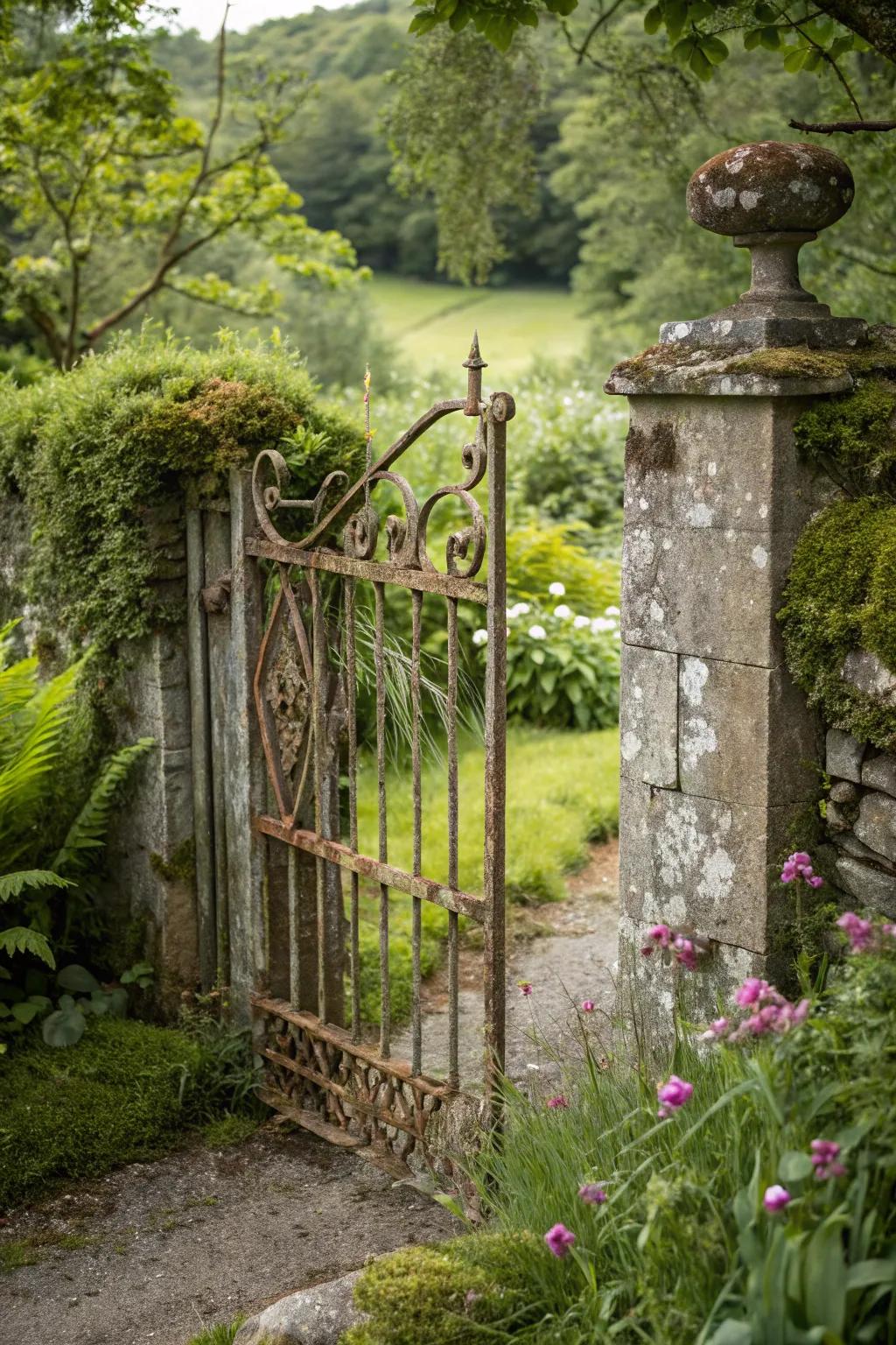 Rustic doors interject vintage charm into garden entries.