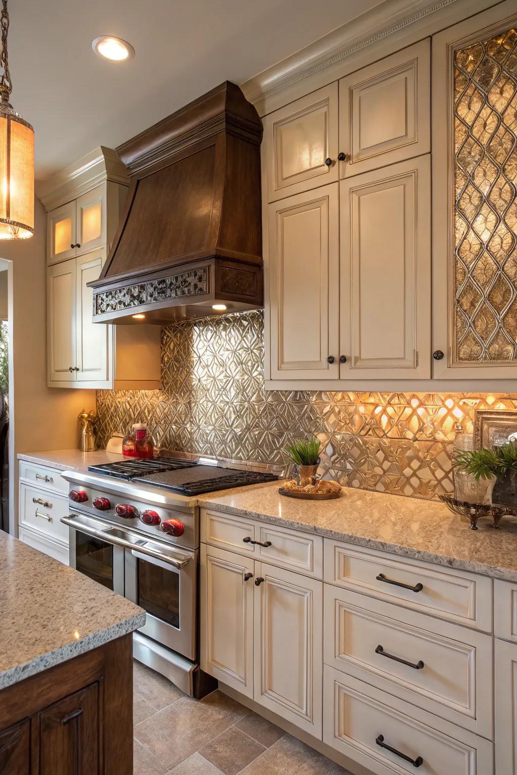 A kitchen featuring a mixed metal tile backsplash for a dynamic look.