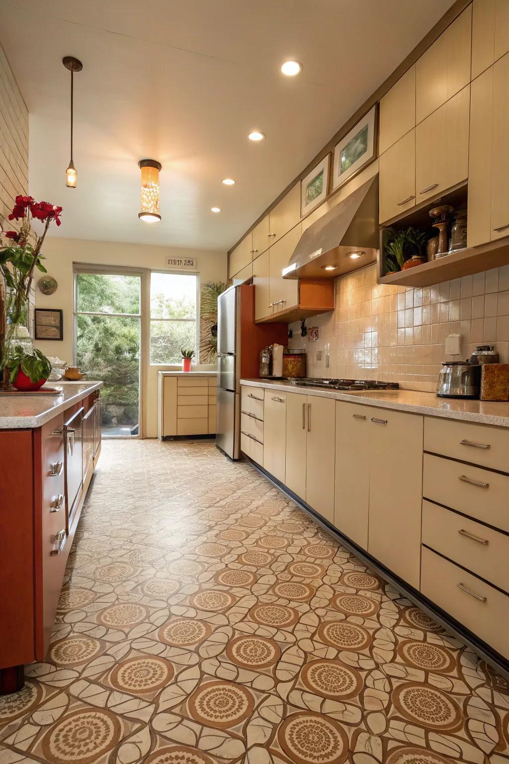 Textured tiles add depth and interest to this kitchen's flooring.