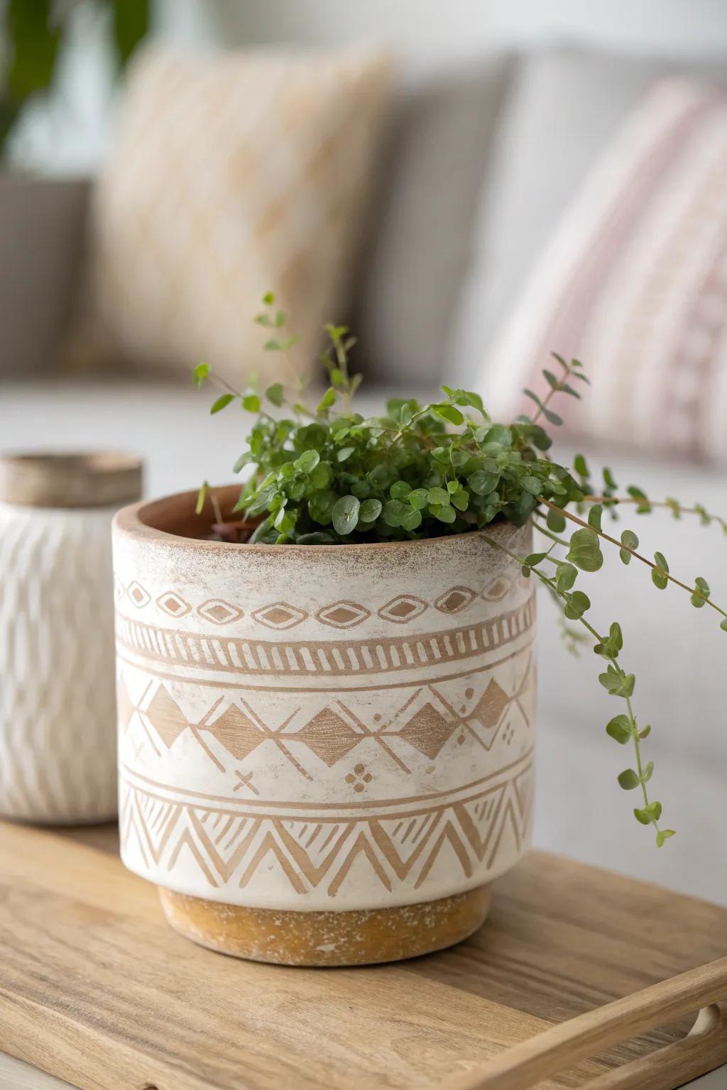 Embrace boho elegance with this minimalist tribal-patterned planter.