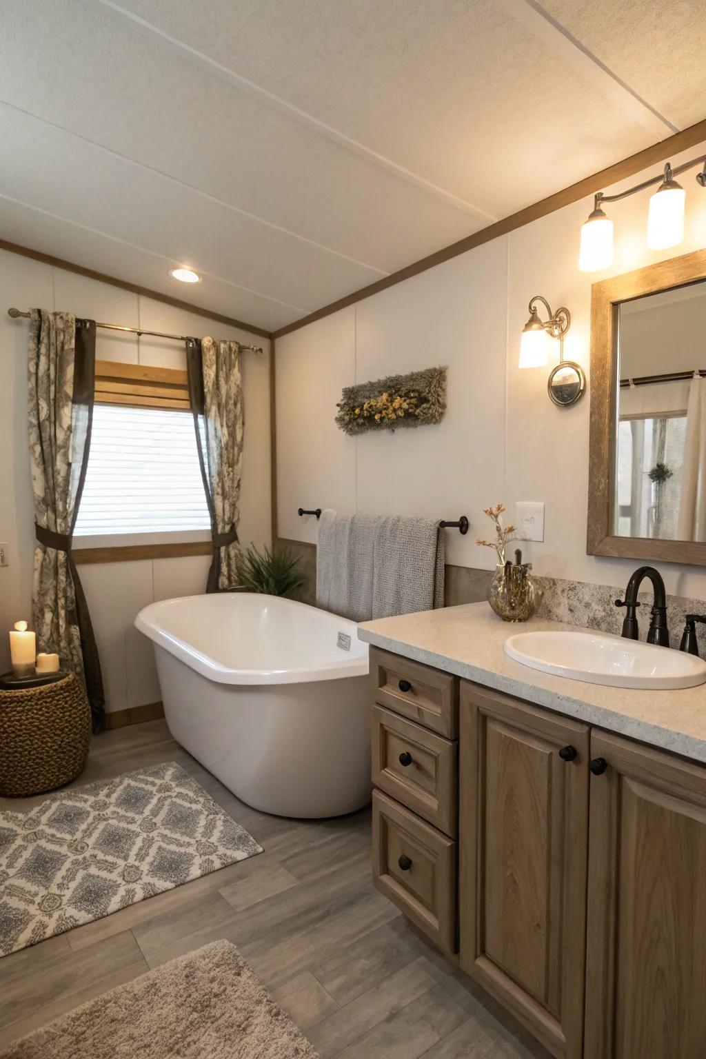 A sanctuary-like restroom featuring a standalone tub and sophisticated aesthetic, delivering an opulent retreat.