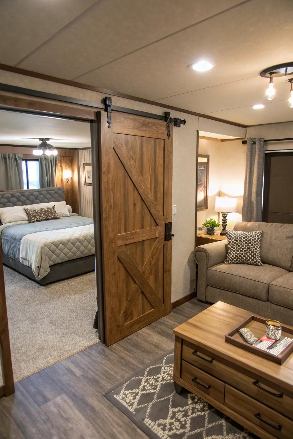 Sliding barn doors add style and save space.