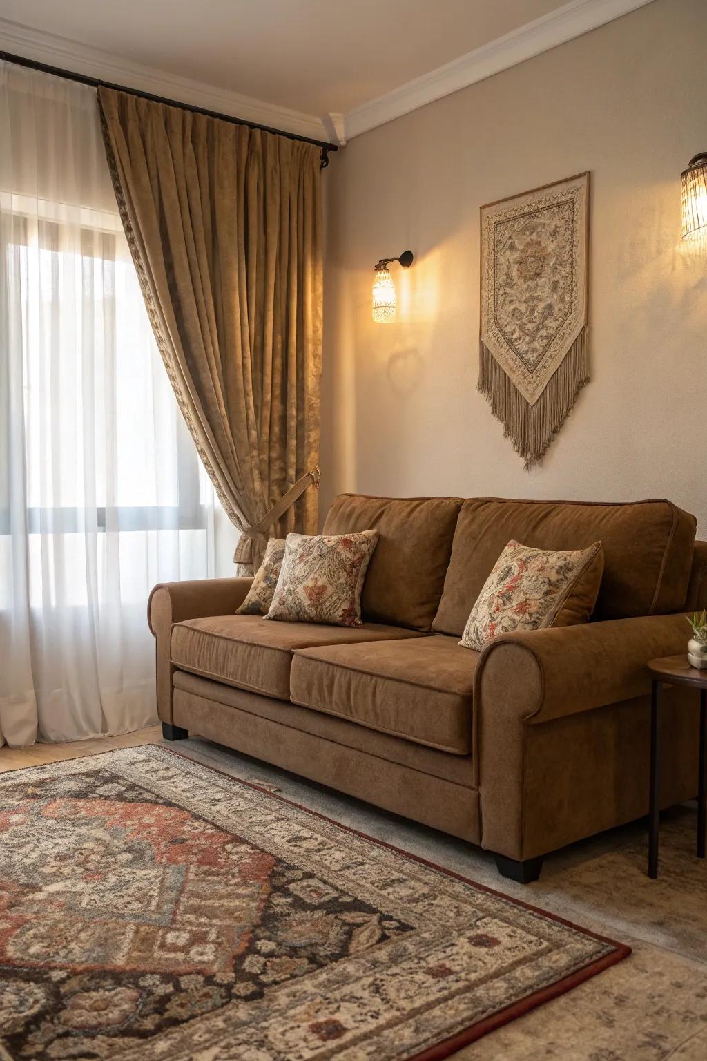 Tiered feels add scope and warmth to the cacao sofa area.