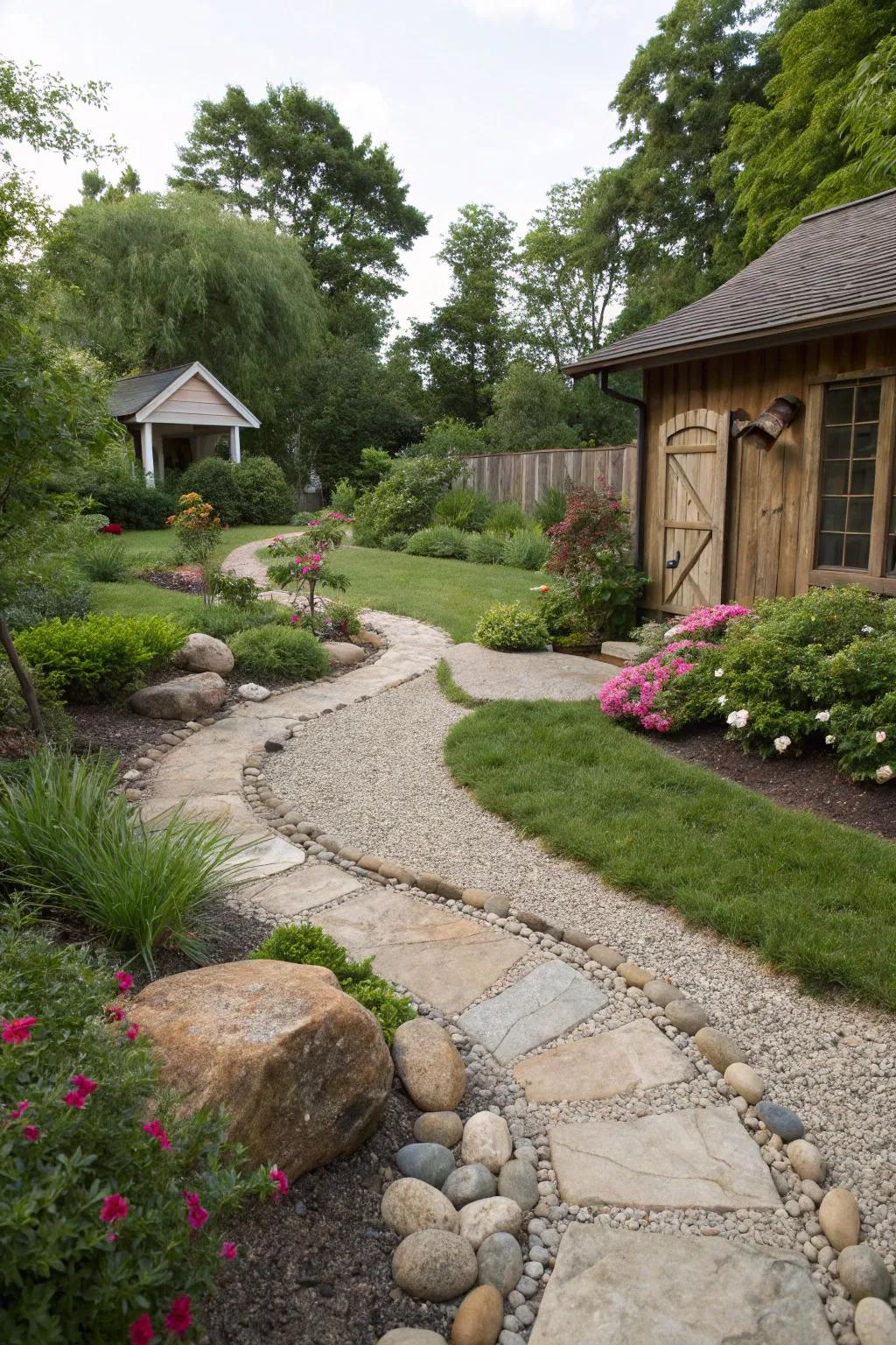A chic backyard featuring gravel paths and stones.