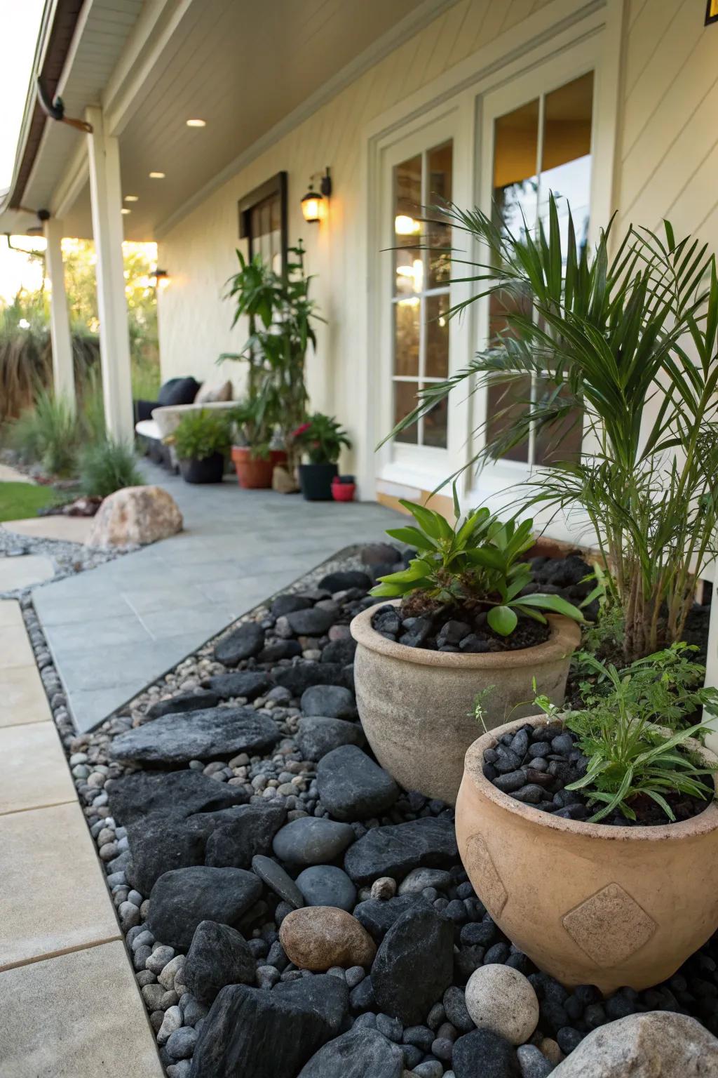 Black rocks add a chic touch to patio areas.