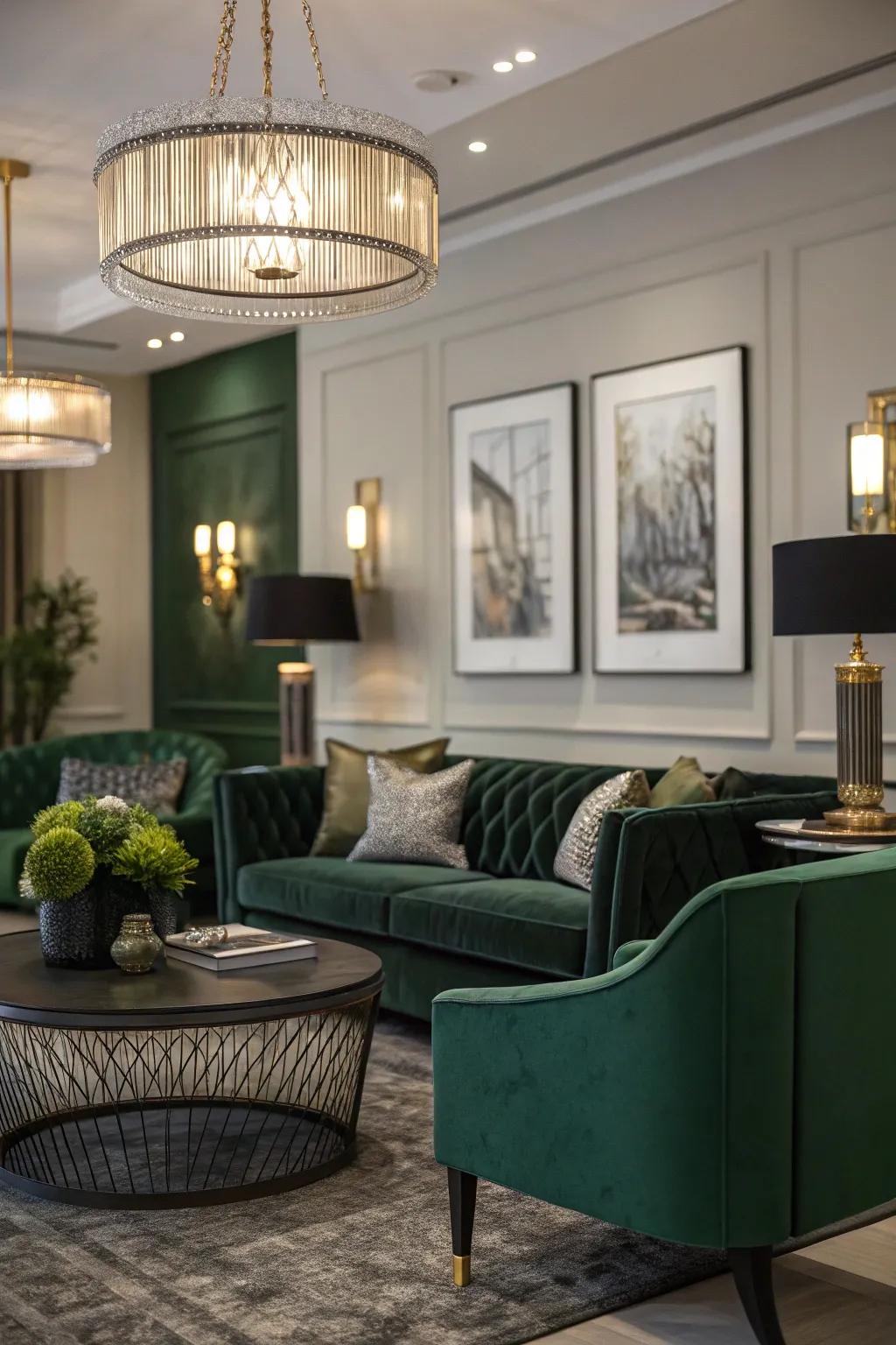 Fashionable lighting amplifies the mood of a dark green living space.