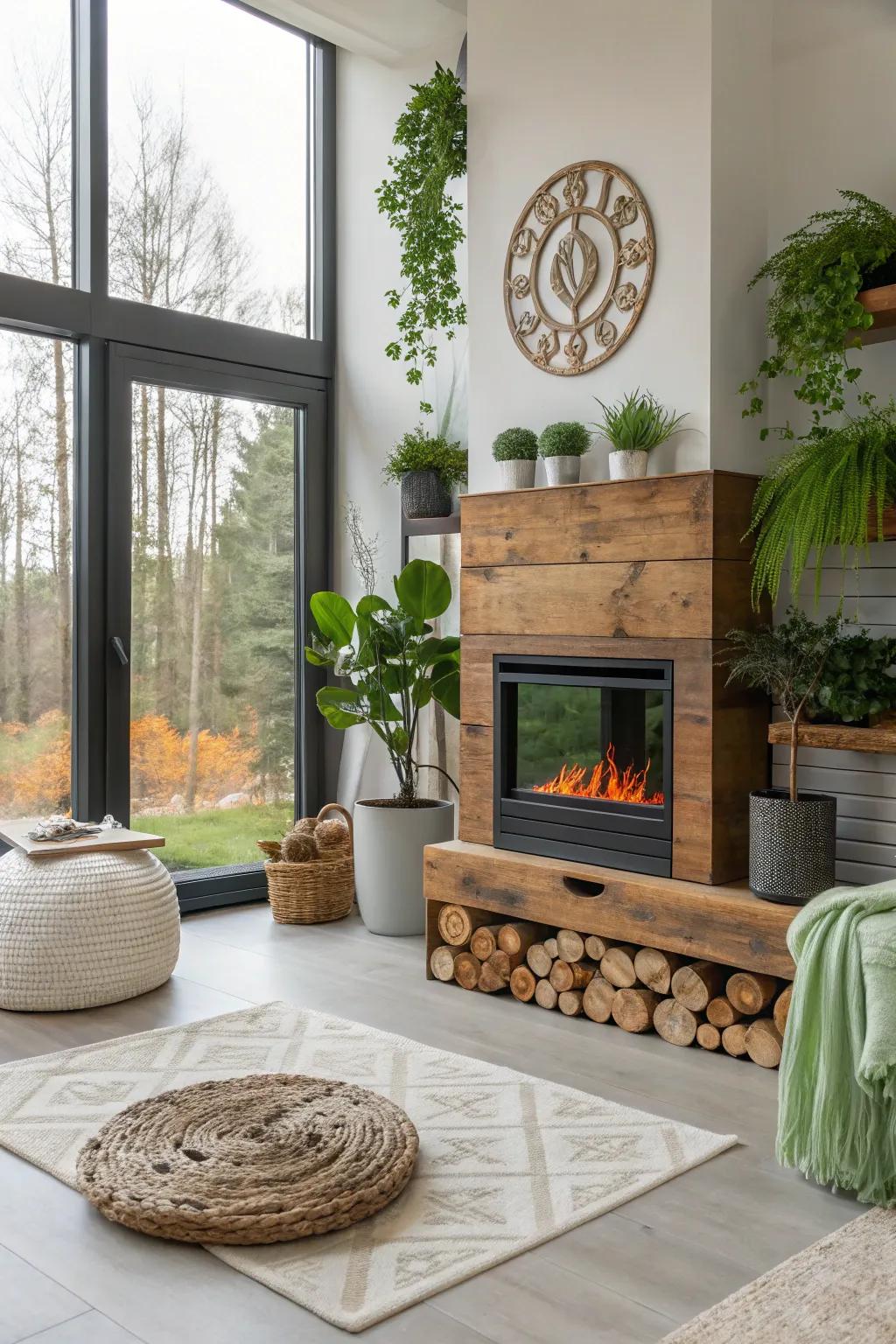 A modern home showcases an eco-friendly electric fireplace with sustainable decorations.