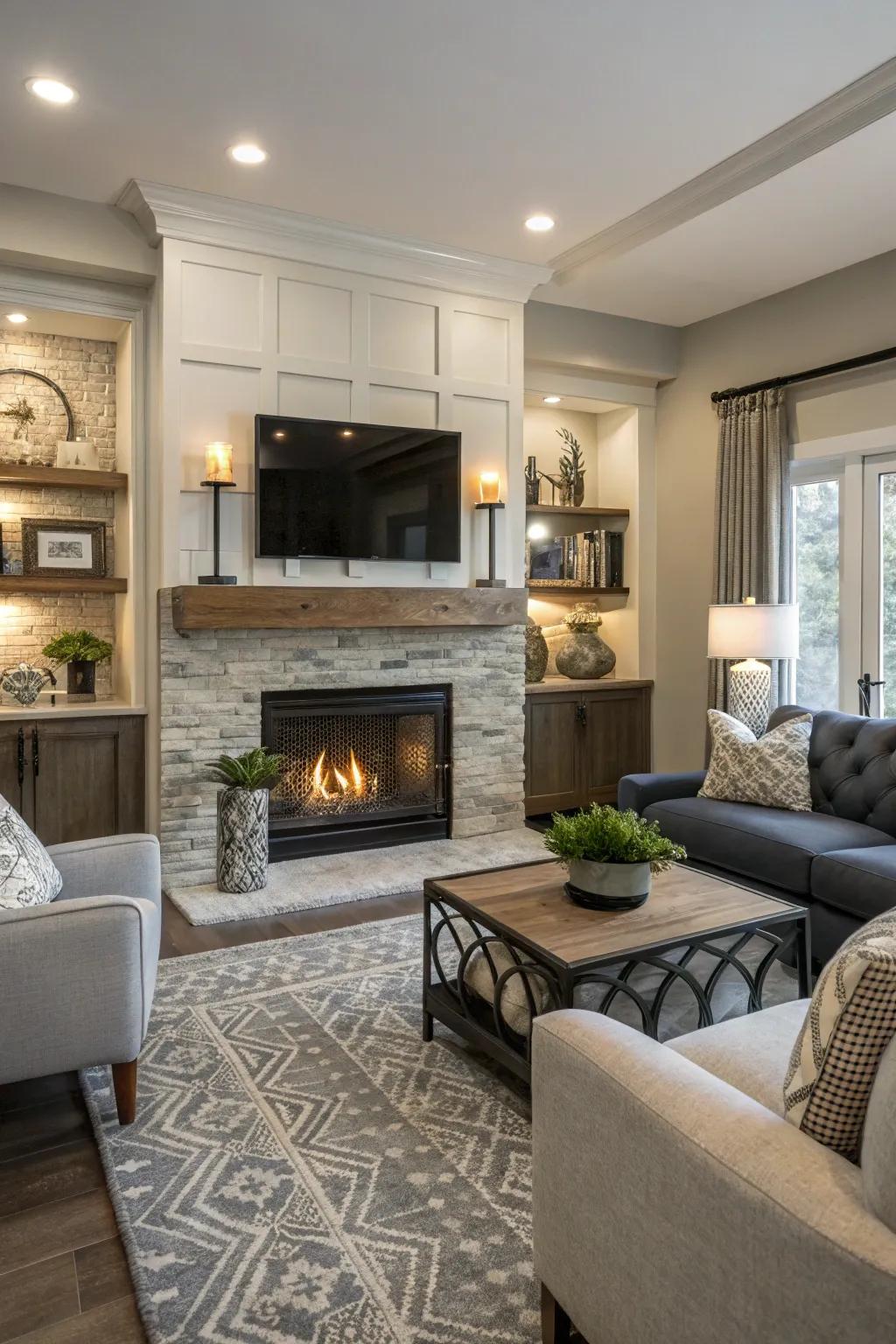 A warm and inviting fireplace serving as the centerpiece of a modern family room.