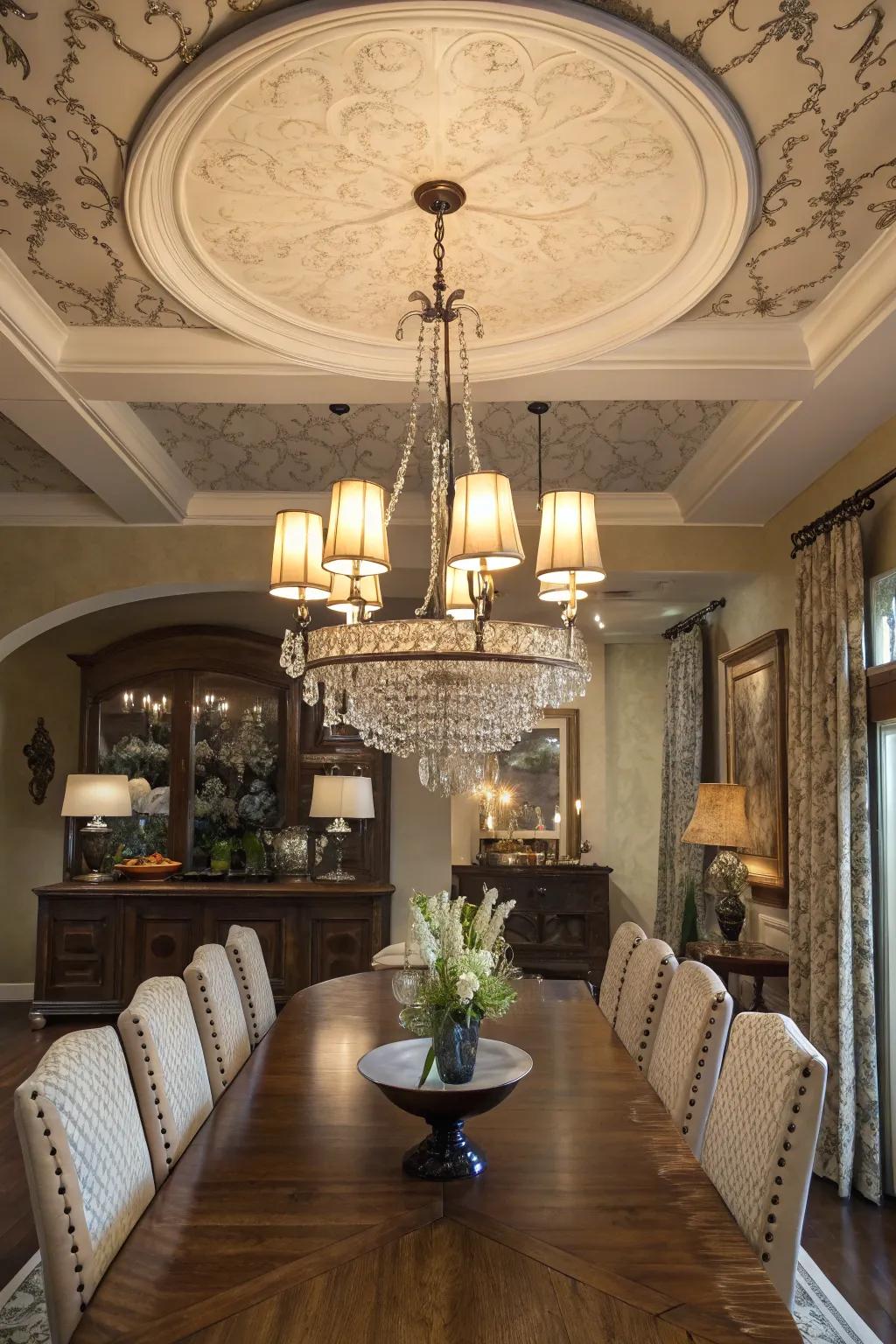 Ornamental illumination amplifies the elegance of this modern farmhouse setting.