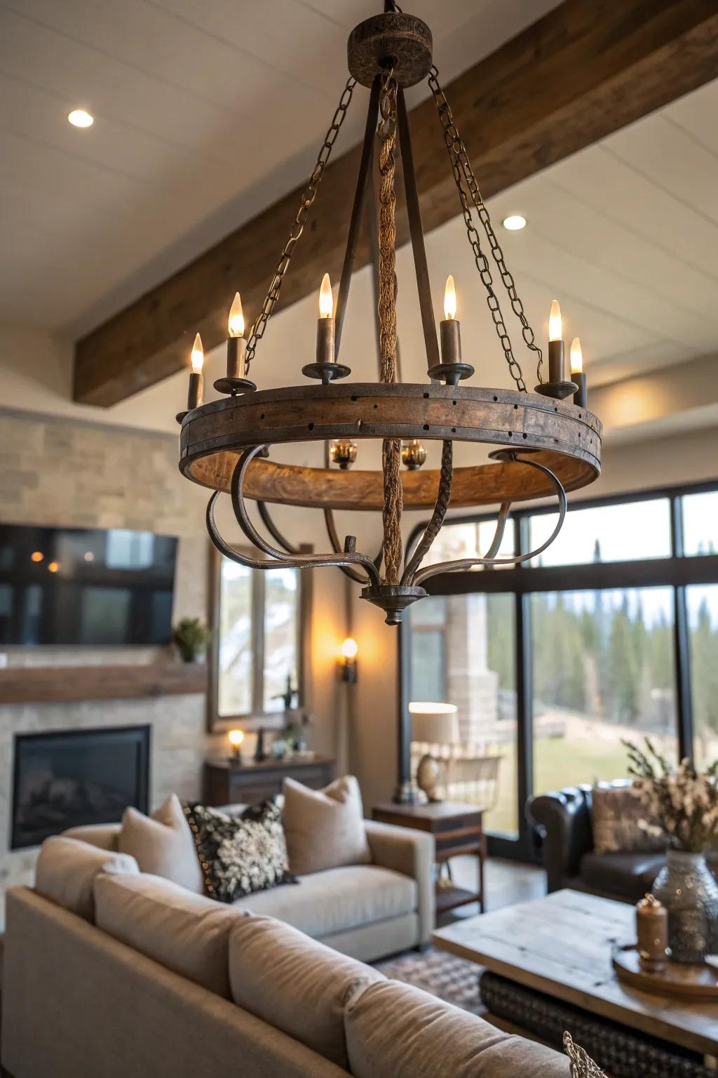 Modern lighting elements with rustic touches blend contemporary and farmhouse styles.