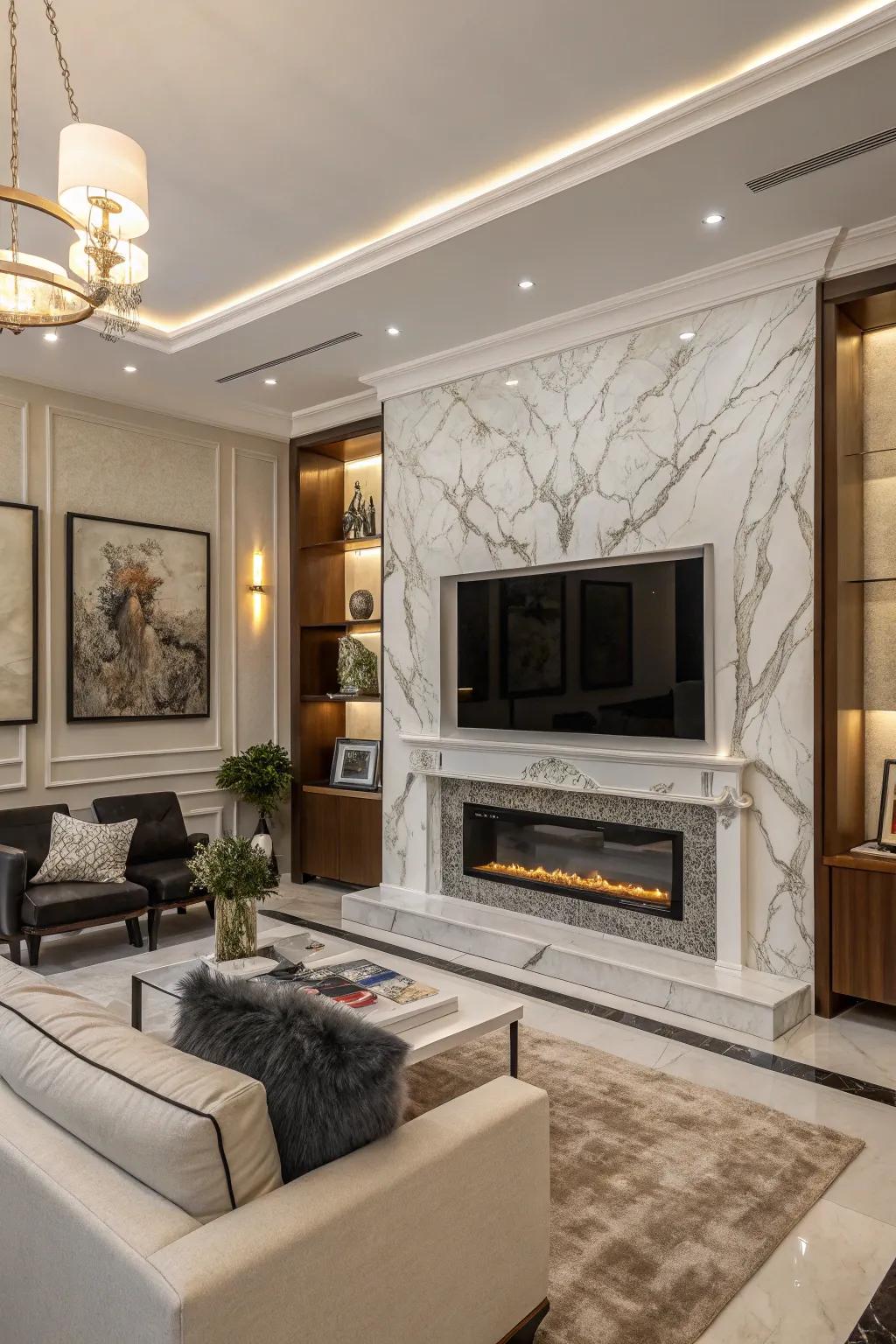 A stone facing adds a touch of luxury to the modern fireplace arrangement.