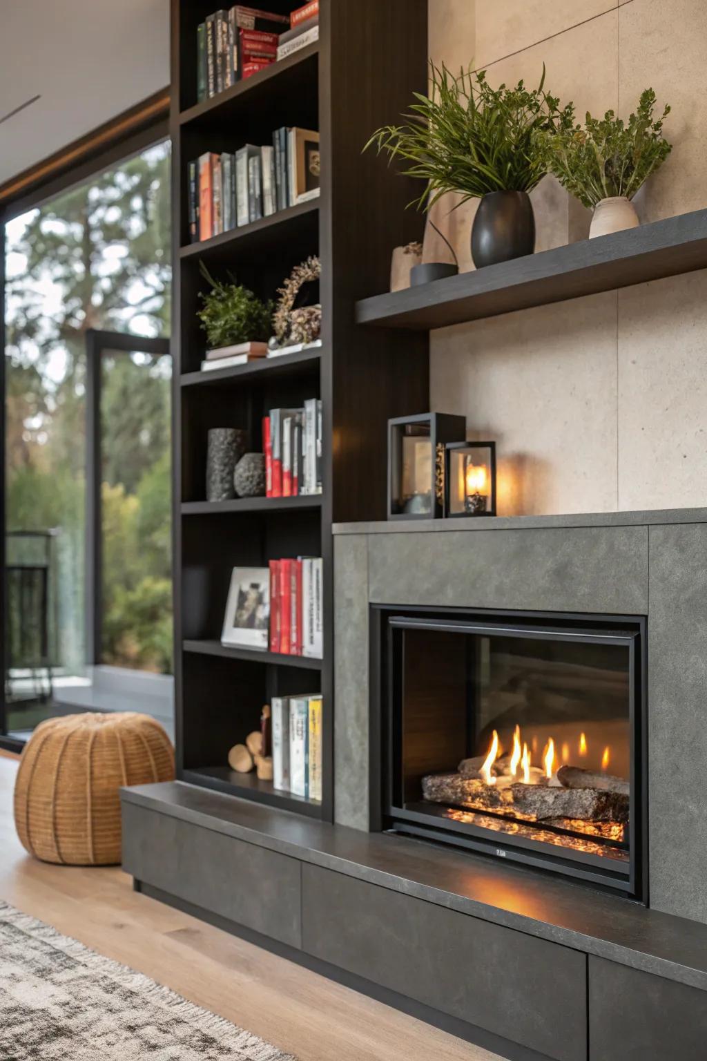 A modern fireplace including integrated shelving.