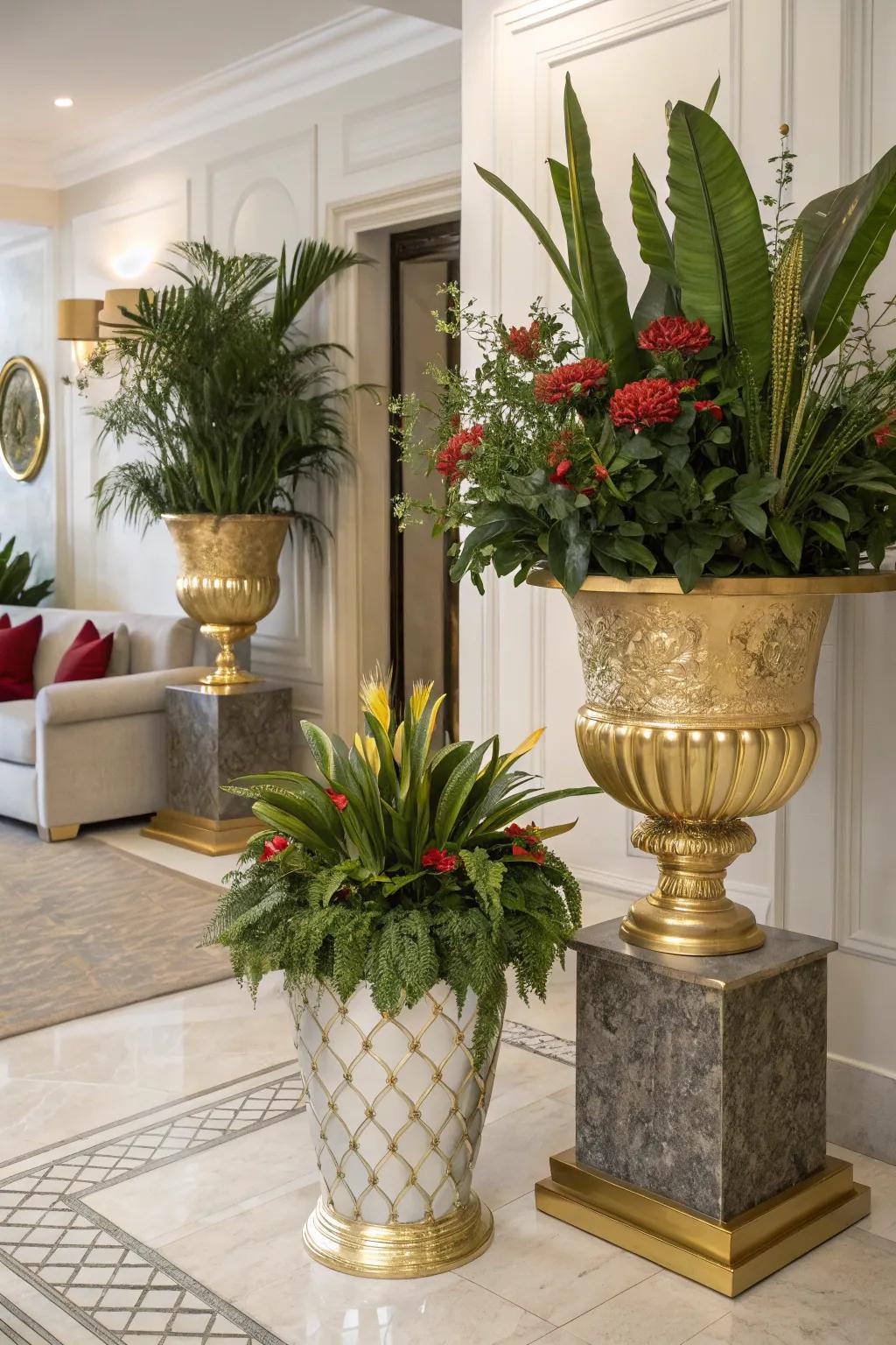 Where nature meets luxury: plants in metallic planters.