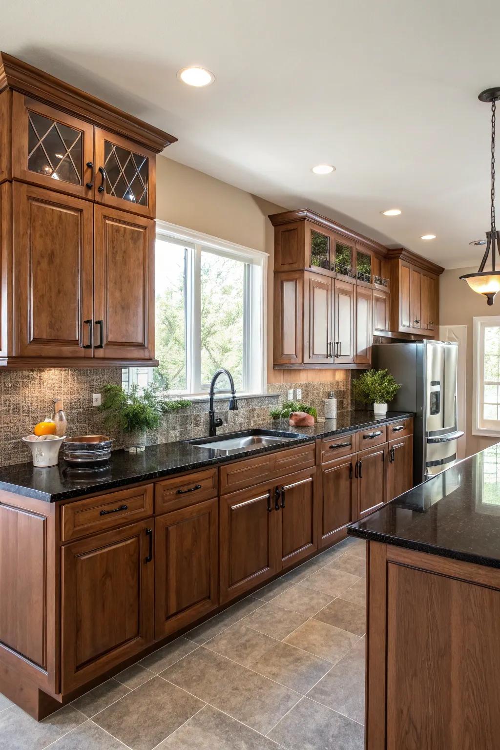 Contrast adds drama and balance to hickory kitchens.
