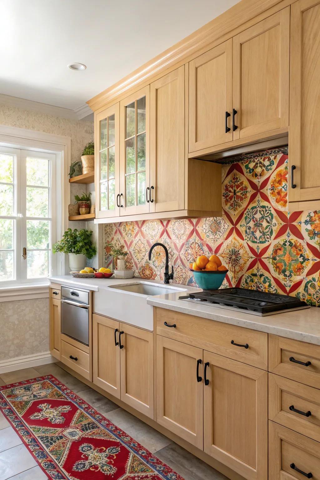 A bold backsplash adds a splash of color to complement light maple cabinets.