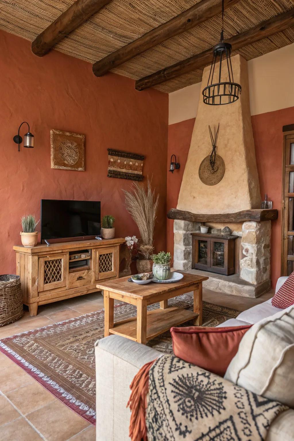 Terra cotta walls imbue warmth and rustic charm into this inviting living space.