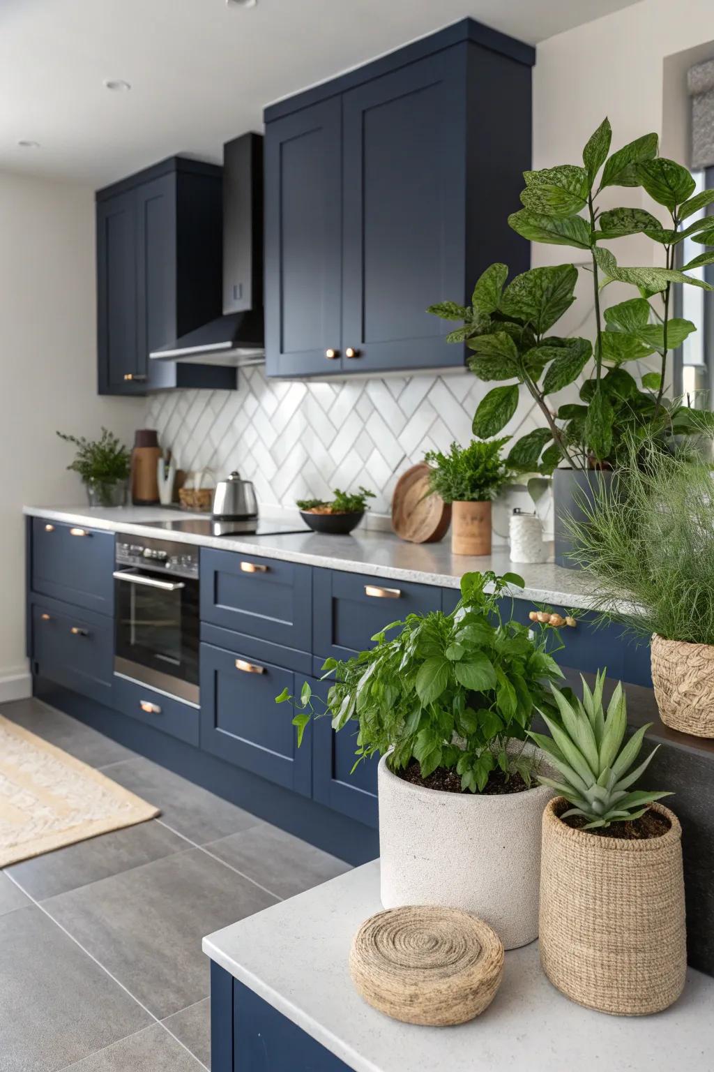 Vegetation adds a refreshing contrast to the deep undertones of deep sea kitchen cabinets.