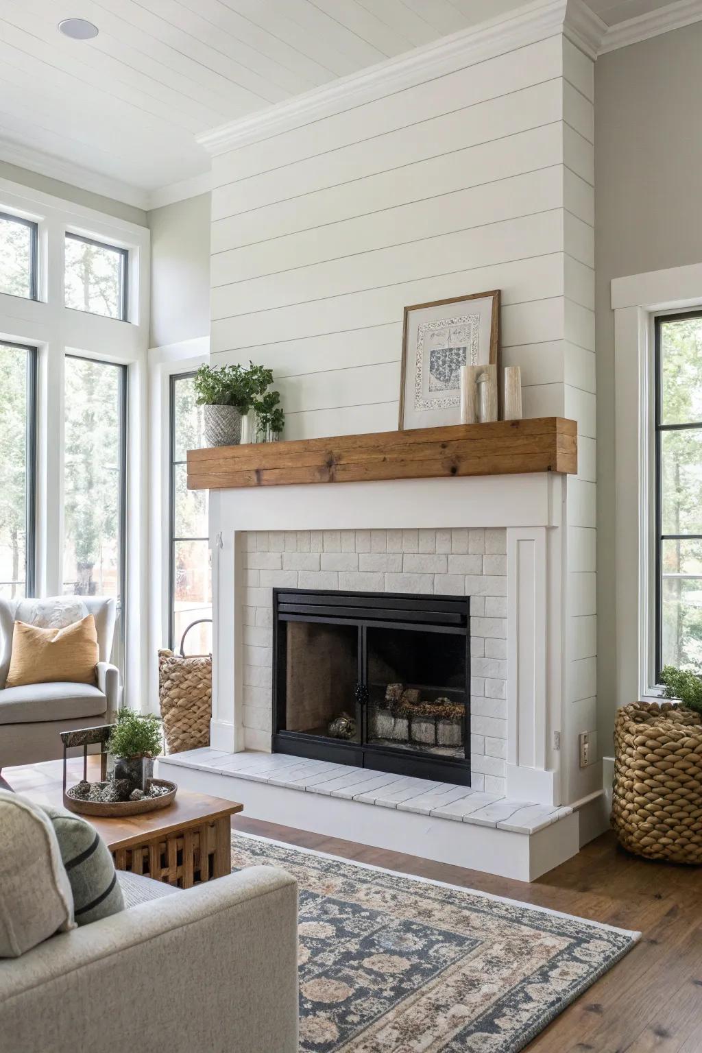 A shiplap fireplace with a minimalist floating mantel.