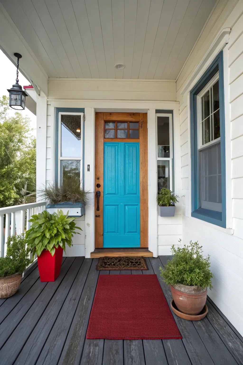 A small front porch using contrasting colors and materials to enhance its design.